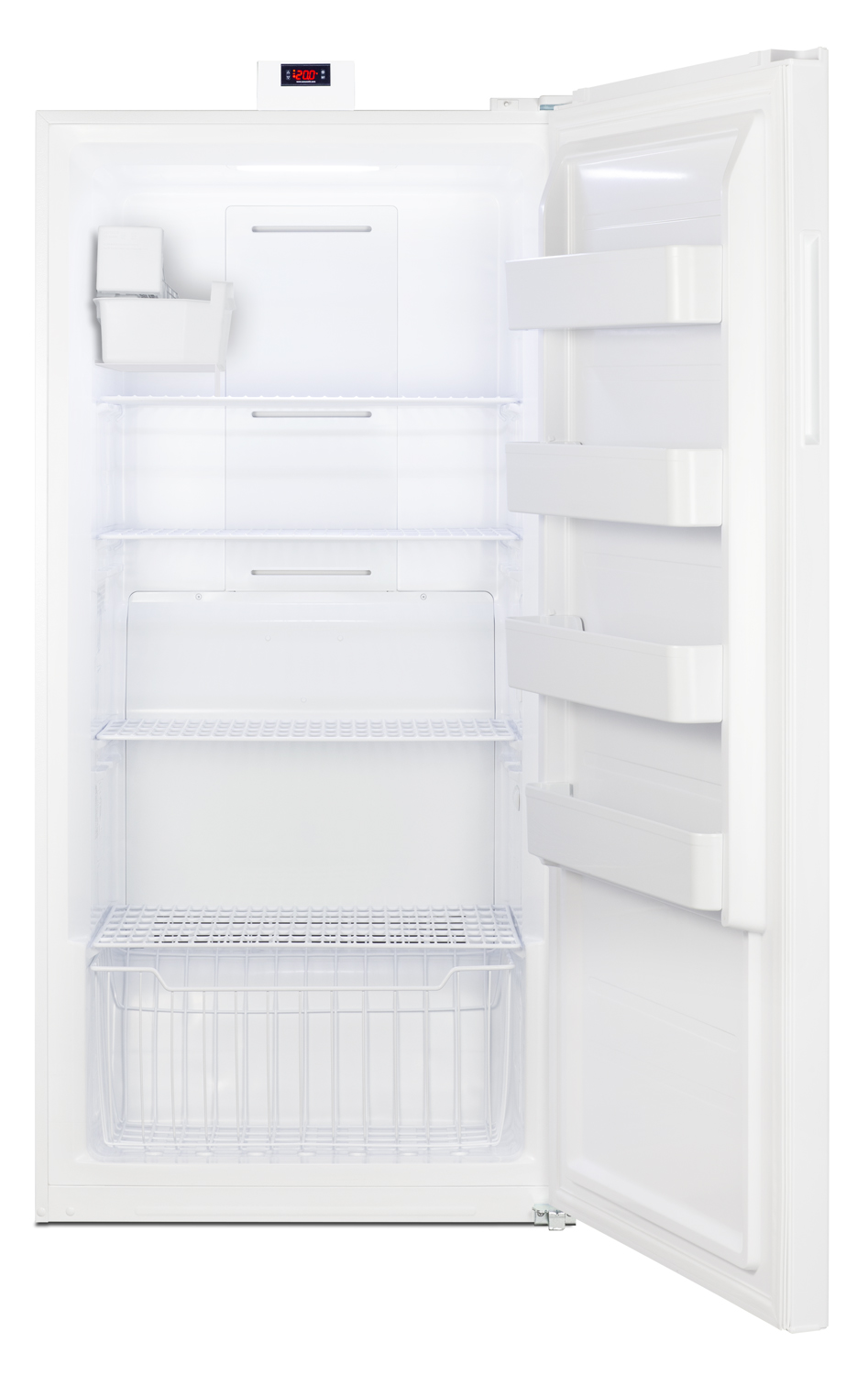 Upright frost-free freezer with factory-installed icemaker for general purpose storage with digital controls and white exterior finish